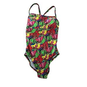 New NIKE HydraStrong Racer Back Printed Women L Red One Piece Swimsuit Cow
